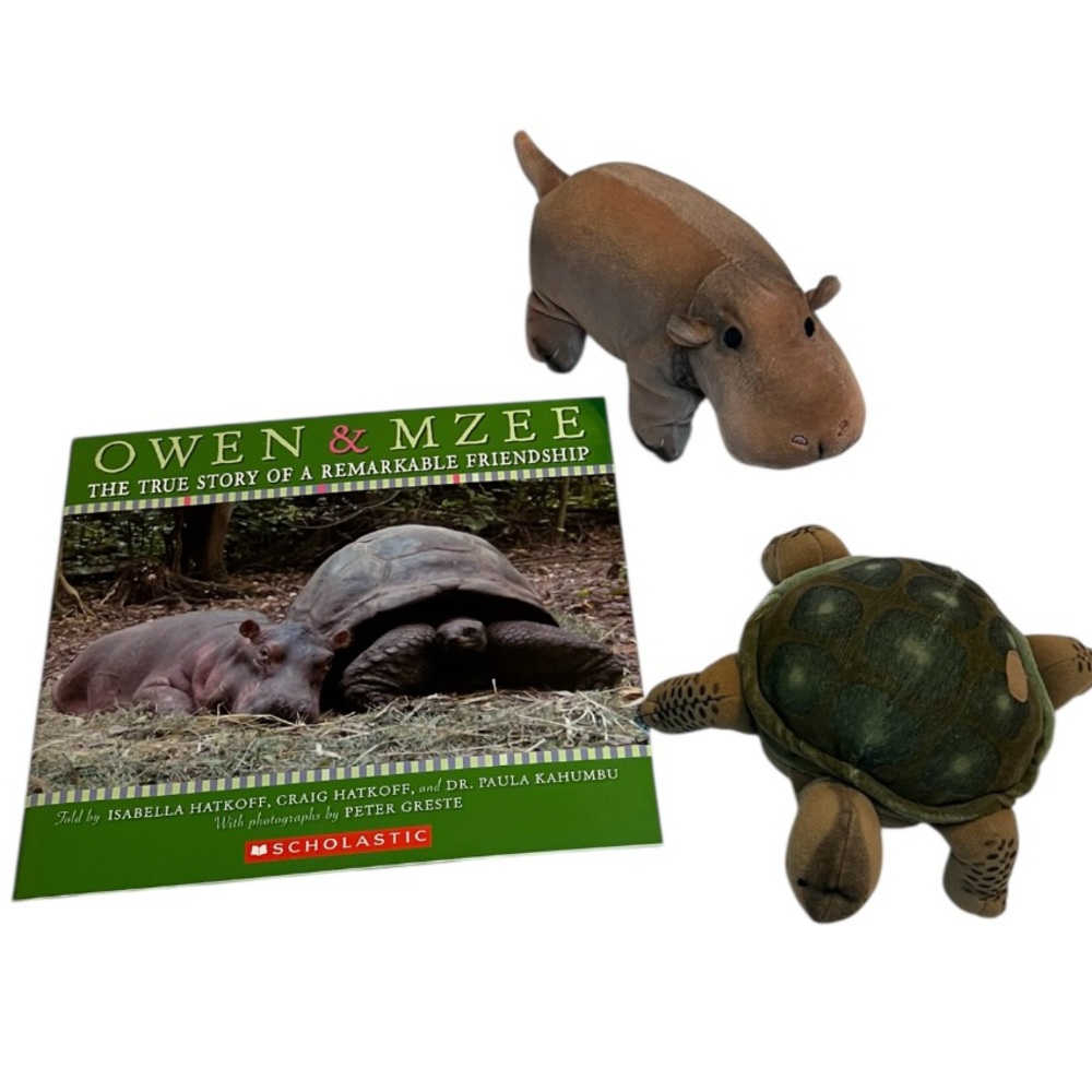 Scholastic Owen & Mzee Set with Book, Brown Hippo & Turtle Plush Excellent Cond